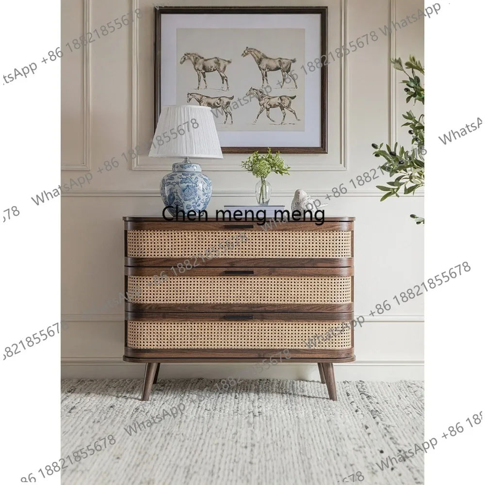 Q178 Medieval solid wood rattan three-bucket cabinet walnut retro home locker storage cabinet