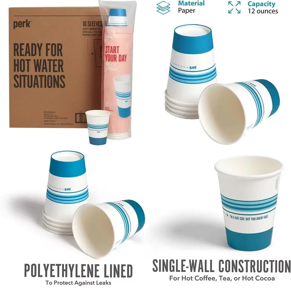 

Disposable Paper Cups for Hot Beverages, 12 Oz, 500 Count, Ideal for Travel, Tea, Hot Cocoa, White and Blue