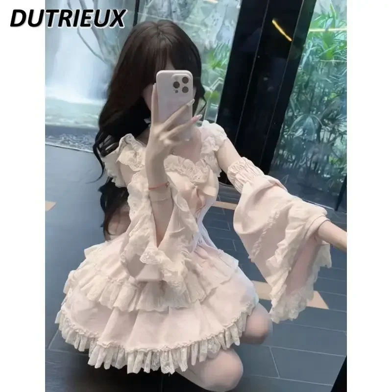 الخريف لطيف الرياح الحلو بناتي لوليتا القوس كشكش كم فستان لطيف الدانتيل الربط عالية الخصر كعكة منتفخ فساتين قصيرة #1