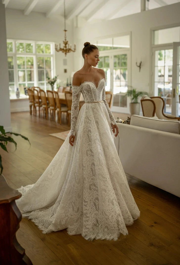 BABYONLINE Customzied Lace Wedding Dress Off the Shoulder with Intricate Corset Full Sleeve A-line Gown Bridal Dresses