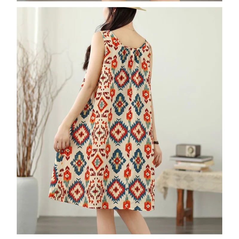 韓国版 レディース 夏用 ルーズ サスペンダー ドレス レディース Aライン ドレス ノースリーブ ドレス レディース コットンとリネン トップス 女性