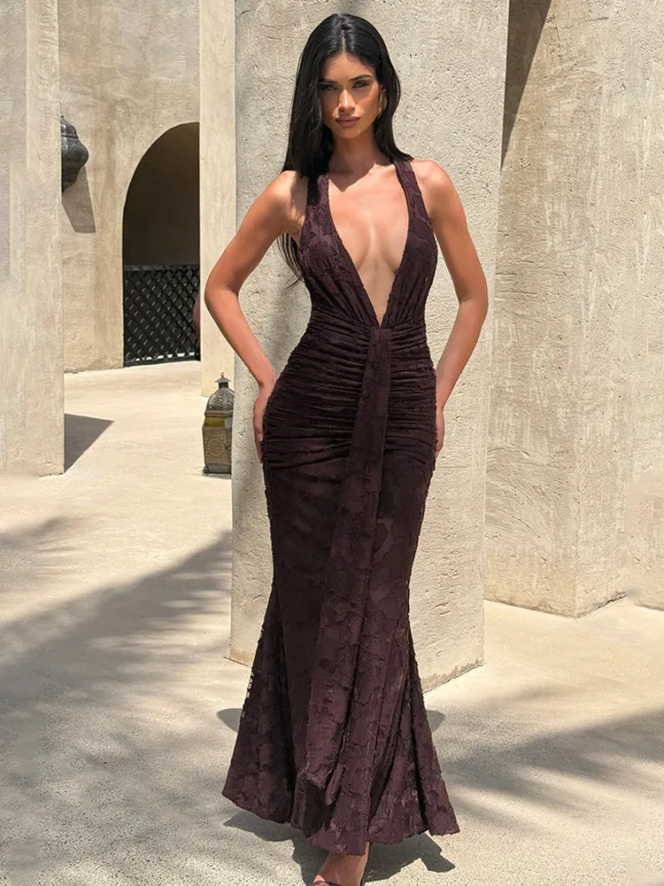 Apprabant Deep V-Neck Patchwork Evening Maxi Dress Women's Halter Tie Tank Sexy Backless Ruched Ribbon Long Dress Partywear