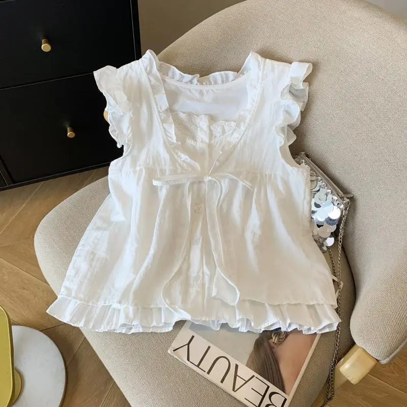 

Корейская женская блузка с воротником Питер Пэн, без рукавов, свободного кроя, с рюшами и пэчворком, летняя клетчатая блузка