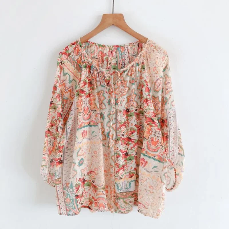 

Женская рубашка в стиле ретро в стиле пэчворк с принтом, новый летний стиль, свободная и утягивающая, женская рубашка с рукавами семь четвертей на шнуровке