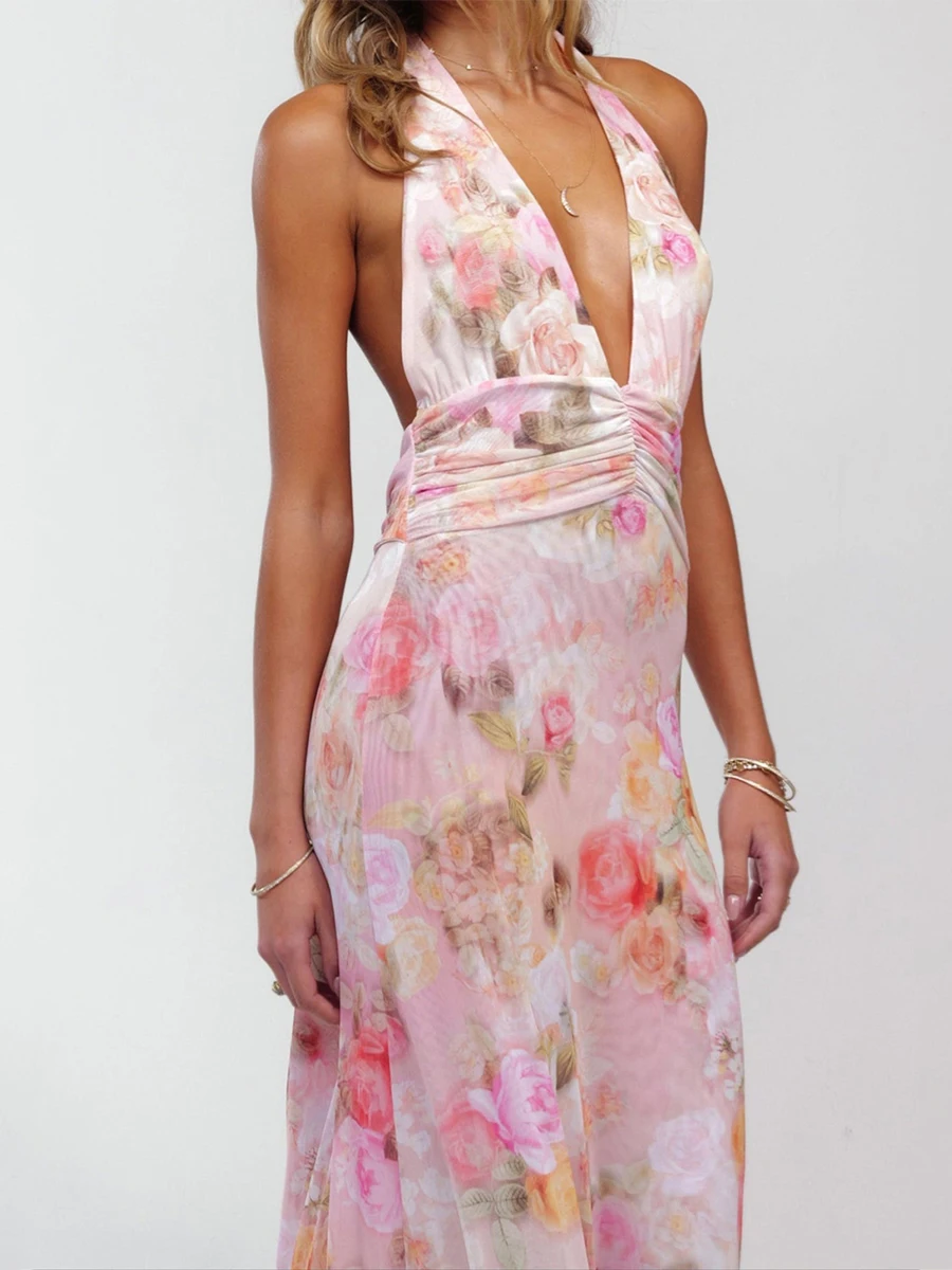 Elegant Floral Print Maxi Dress Sleeveless Halter Neckline with Open Back Women s Summer Party Gown in Polka Dot Pattern