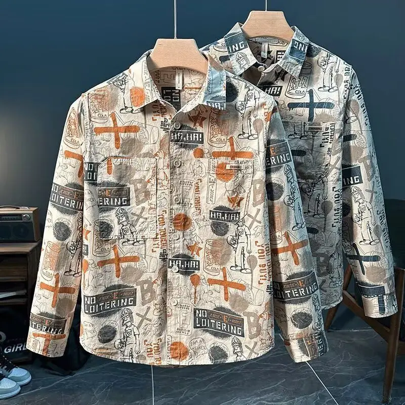 

Retro fiti Printed Long Sve Men's irt Casual Artistic Spring Autumn Faion Design Stand Fit No Brand Registered