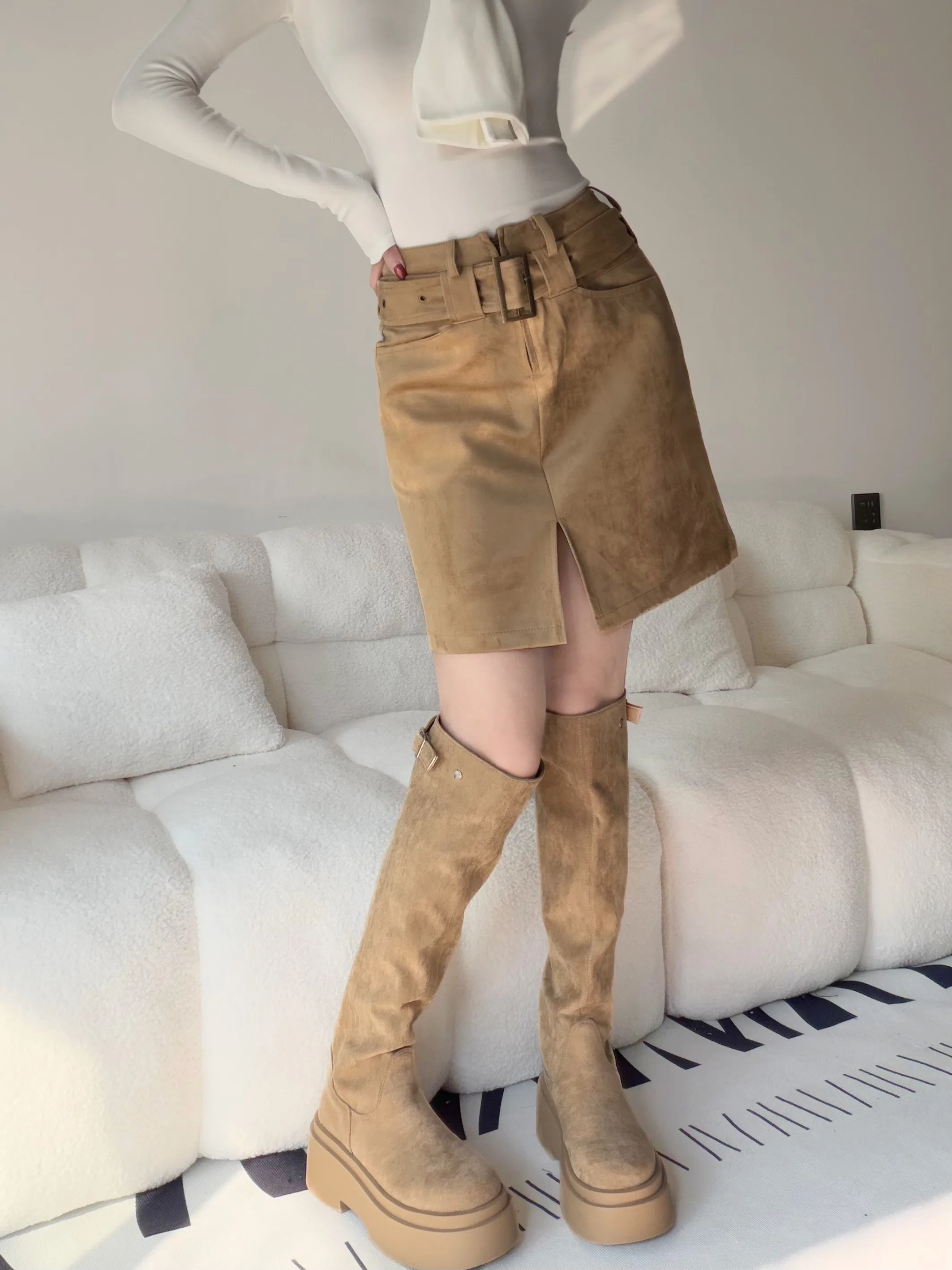 

High Waist A-Line Skirt with Belt Front Slit Suede Fabric Women's Faion Ci Walk Date Suitable Skirt for Ladies