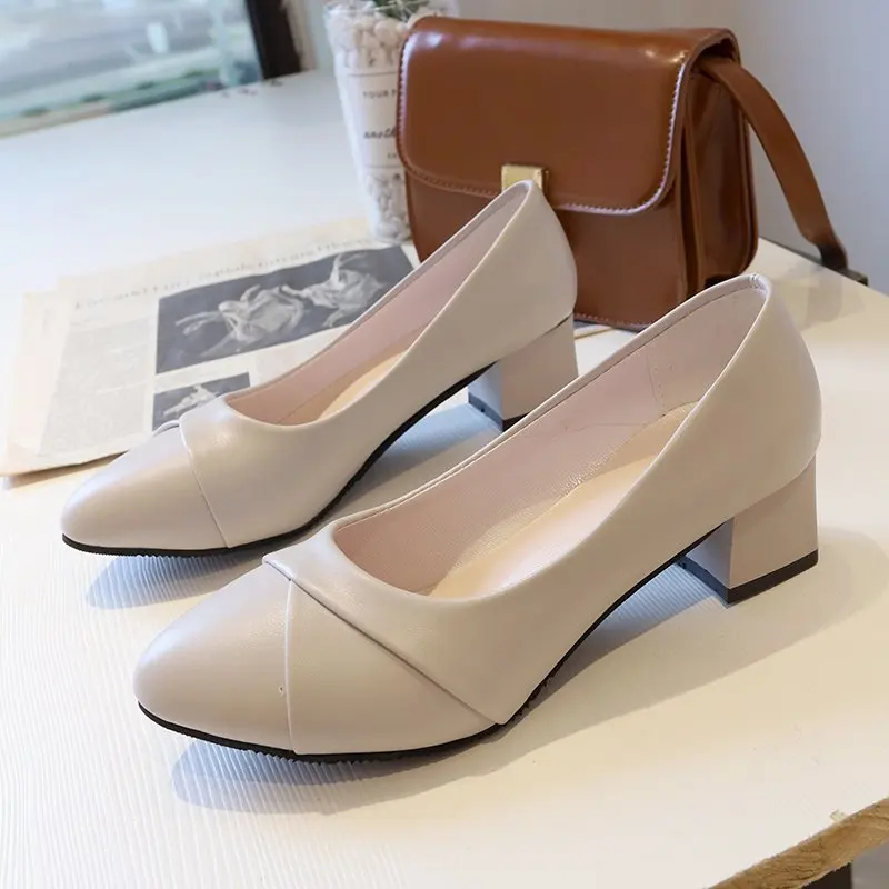 Shoes Women Mid Heel Office Lady Pumps PU Leather Black Basic Square Heeled Spring Autumn Loafers Female Zapatos Size35-41