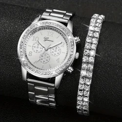 2pcs/set Dazzling Rhinestone Womens Luxury Watch & Bracelet Set - Precise Quartz, Stylish Analog Wristwatch