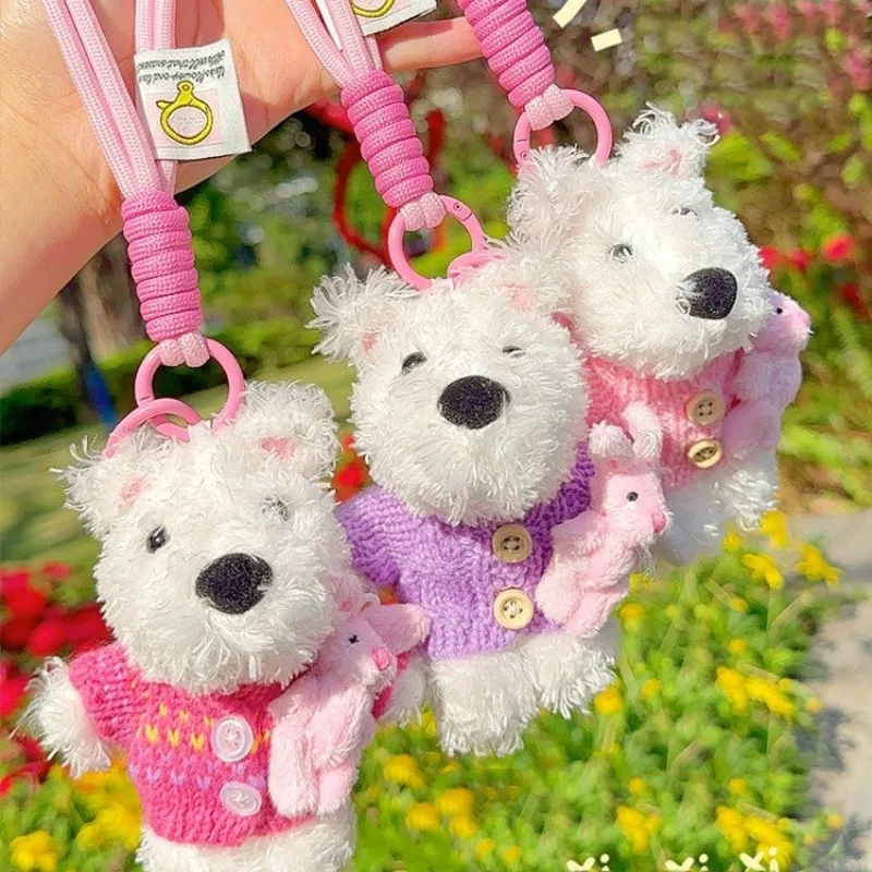 Kawaii West Highland Plüsch Hundes pielzeug Schlüssel bund Cartoon Kleidung Tier Welpen Tasche Dekoration Anhänger Auto Schlüssel bund Geburtstags geschenke