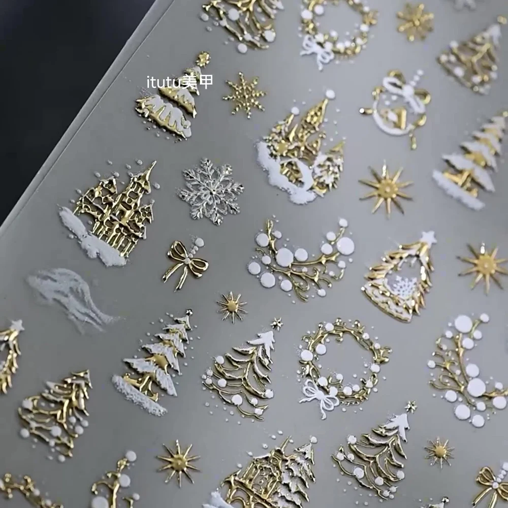 5D geprägte Gold Schloss/Girlande/Weihnachtsbaum Nagelaufkleber weiße Schneeflocken Schleife Stern Nagelaufkleber selbstklebende Weihnachts-Nageldekoration – Detail 2