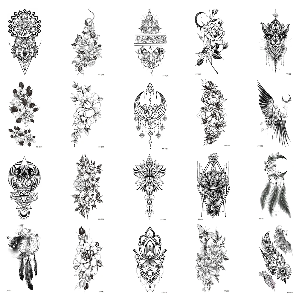 

20 шт. / комплект, водонепроницаемые наклейки для временных татуировок, наклейки для перепечатки воды, перья кошачьи волки цветы, крутые девушки мужской макияж тело искусство