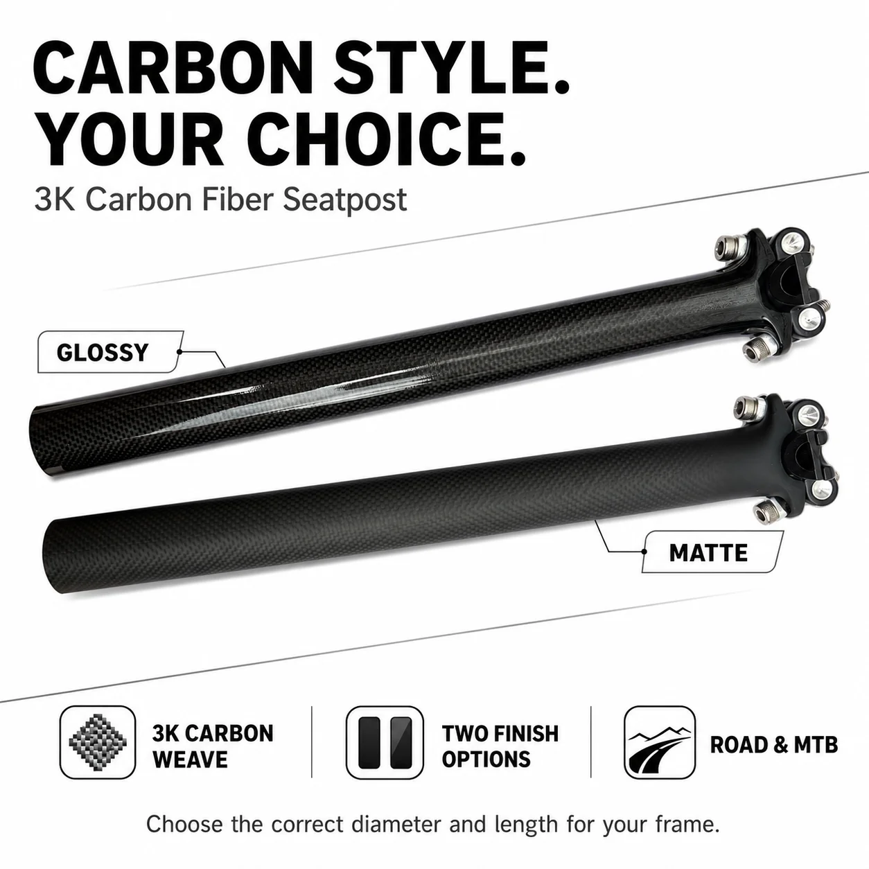 3K Carbonfaser Fahrrad-Sattelstütze 27,2/30,8/31,6mm 350/400mm Leichtgewicht MTB Rennrad Sattelstütze Matt Glänzend – Detail 6