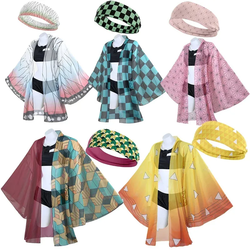 Bikini de Anime Demon Kochou Shinobu para mujer, traje de baño, cárdigan tipo kimono, conjunto de traje de baño para playa y verano