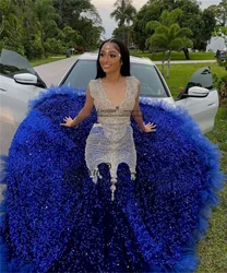 Luxury Beaded Crystal Mermaid Prom Dresses For Black Girls Ruffles Formal Evening Gowns Royal Blue Court Train robes de soirée