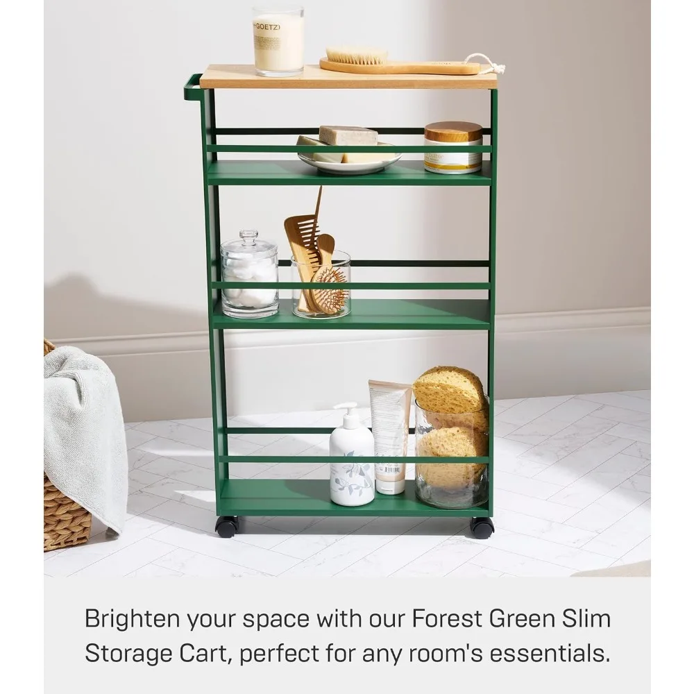 عربة أدوات دوارة من 3 طبقات موفرة للمساحة في المطبخ مع مقبض، فولاذ، أخضر غابة، تصميم نحيف للتخزين الفعال