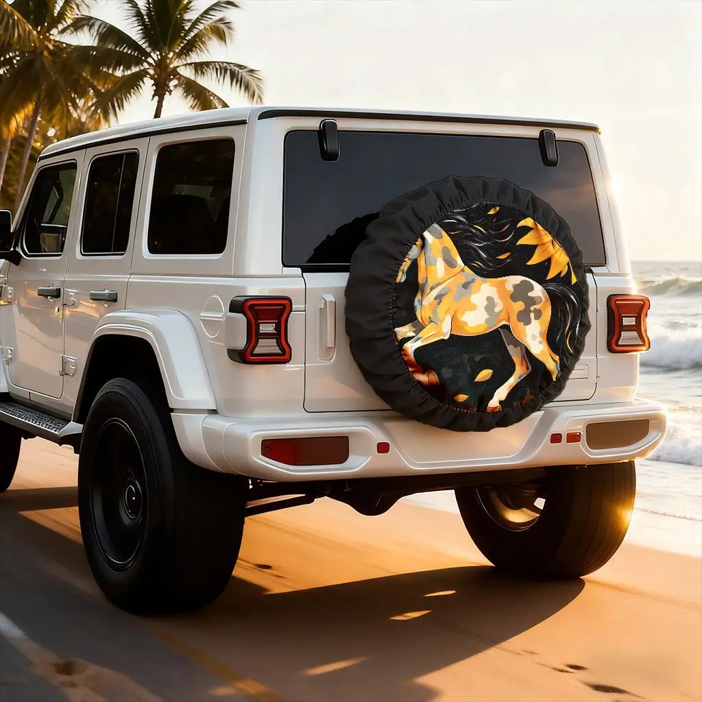 Dynamic Horse Sunflower Tire Cover Outdoor SUV Spare Wheel Protector Durable Polyester Protector