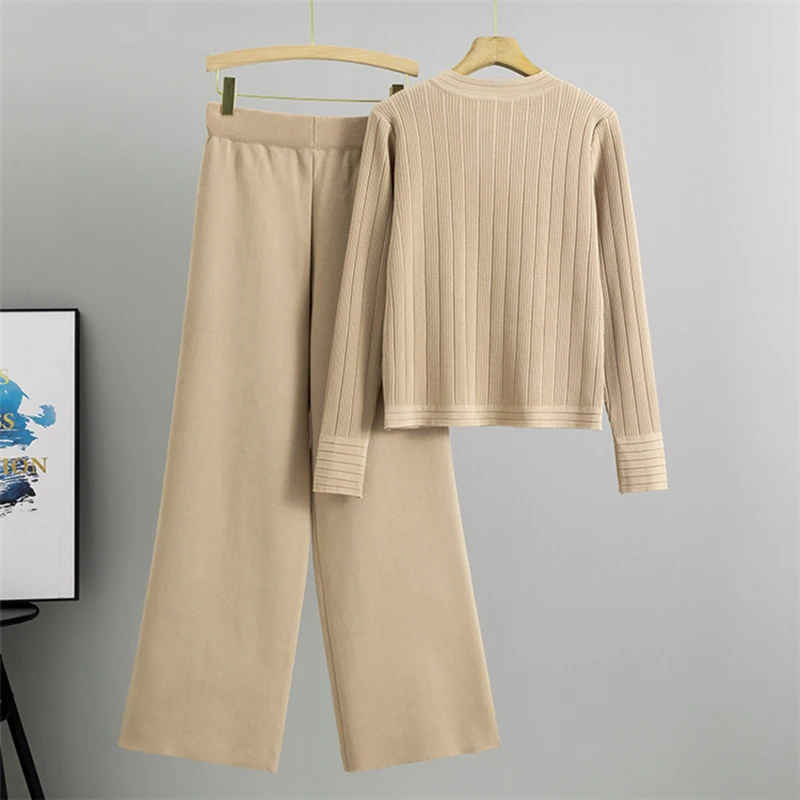 Women New Office Autumn Solid Knit Set Casual Long Sleeved O-neck Single Breasted Tops and High Waist Loose Wide Leg Pants Suit