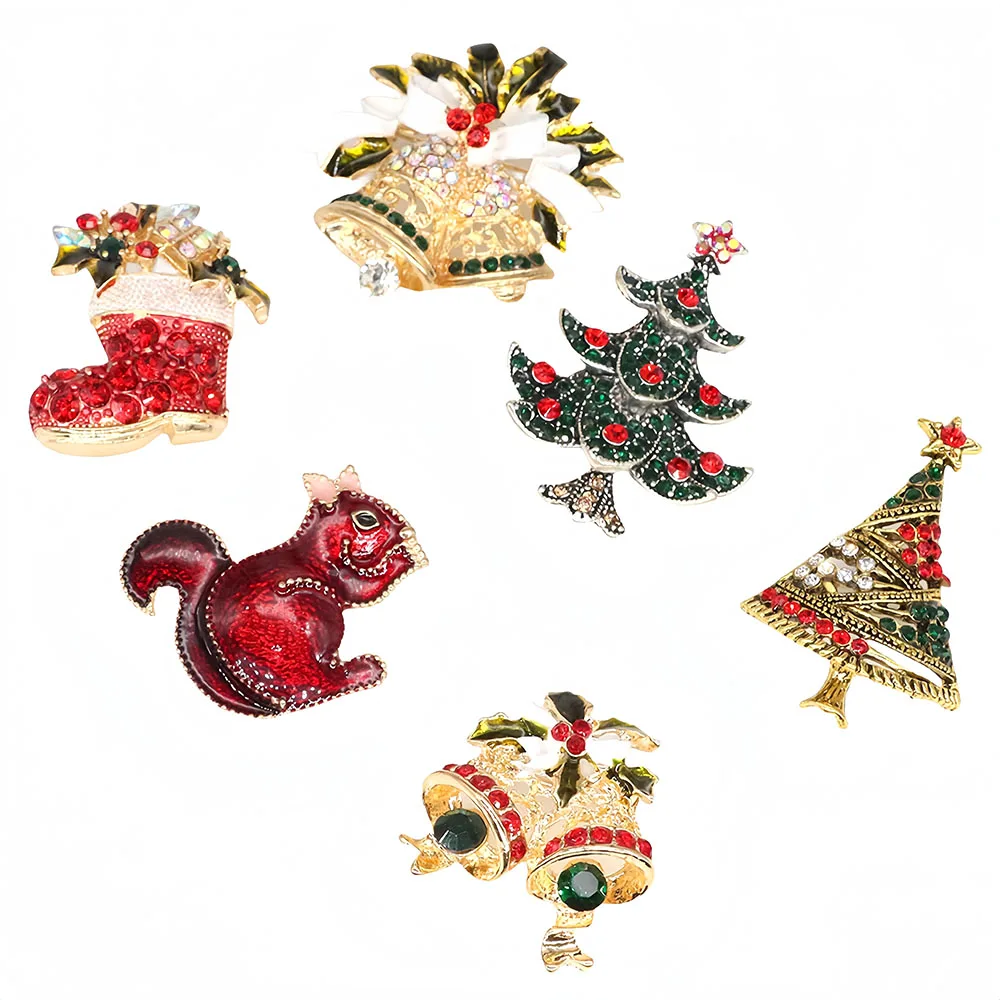 Luxury Crystal Rhinestone Bells Boots Trees Christmas Brooch Cute Snail Squirrel Animal Pins Women Men Party Badge Jewelry Gift