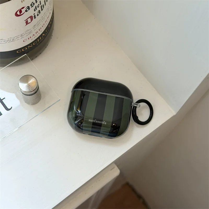 

Glossy Black Green Striped AirPods Case For AirPods 1 2 3 4 Pro Pro2 Pro3 Soft TPU Shockproof Earphone Case With Ring