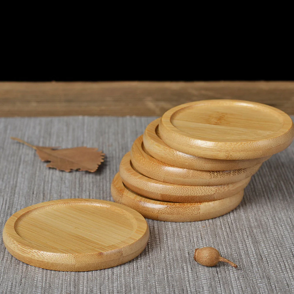 6 Pcs Bamboo Plant Pot Holder Round Saucer Coasters Heat Resistant Mats for Cup Non-slip Insulated Pads Wooden Decorative