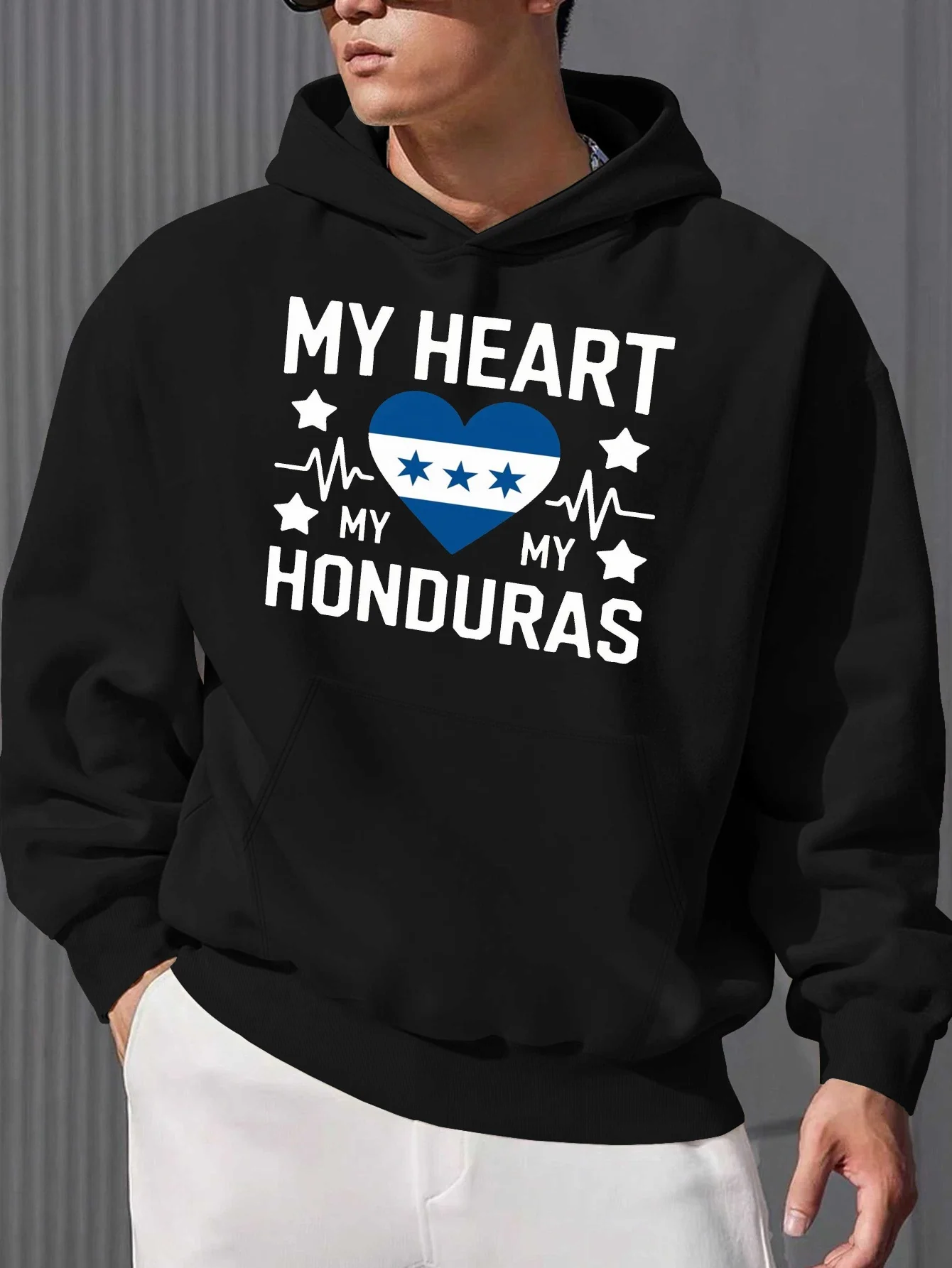 

Мужская толстовка с капюшоном, пуловер с узором My Heart My Flag Honduras, белый текст, свободная толстовка с капюшоном, подходит для повседневного использования