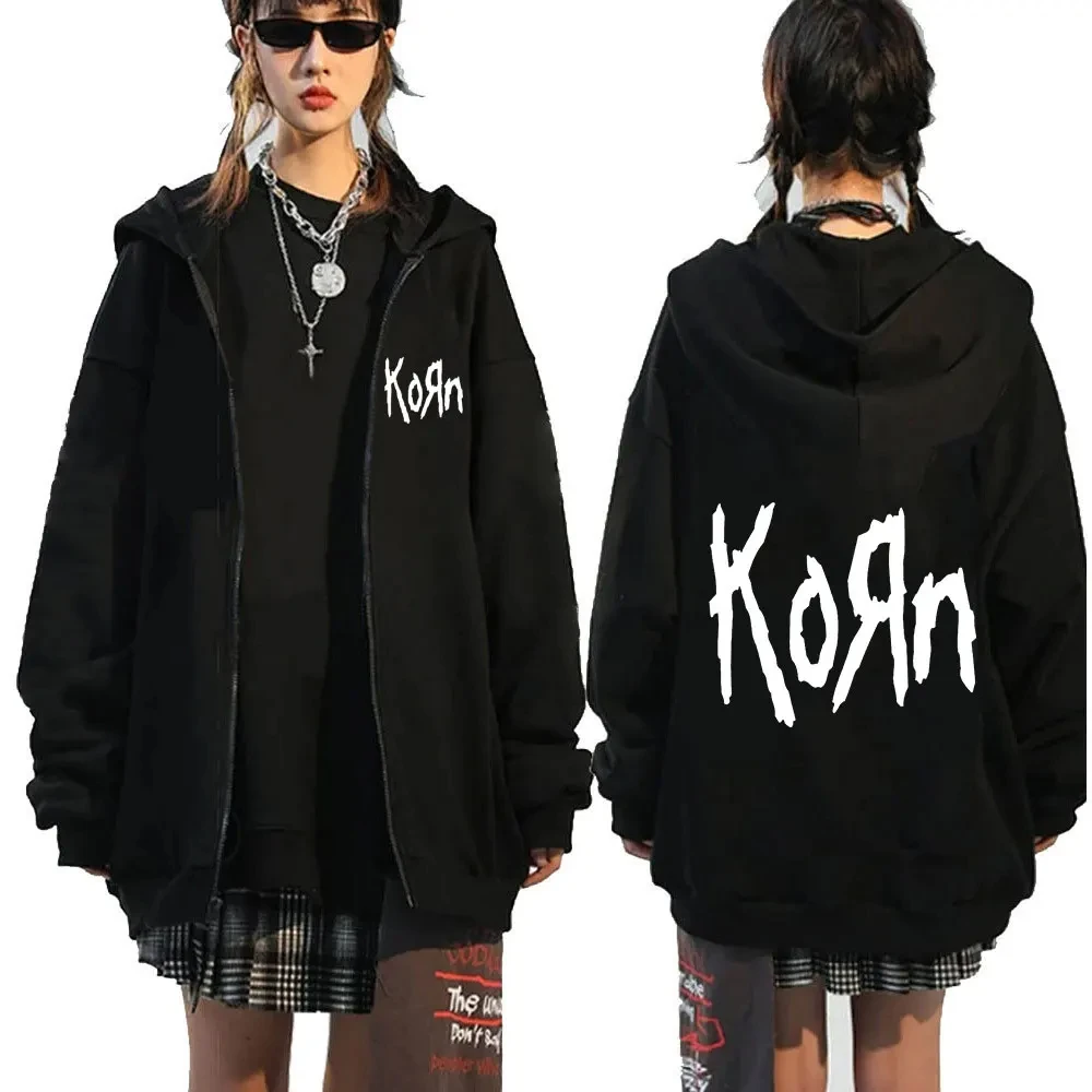 Streetwear Punk Sweatshirts Jackets Korn Rock Band Letter Logo Zipper Hoodie Men's Metal Oversized Zip Up Hoodies Gothic Vintage