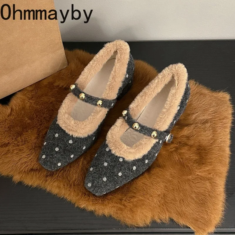 Vintage Womens Polka Dot Mary Jane Shoes Furry Square Toe Block Heel Autumn Winter Warm Plush Lined Dres Pumps - view 4