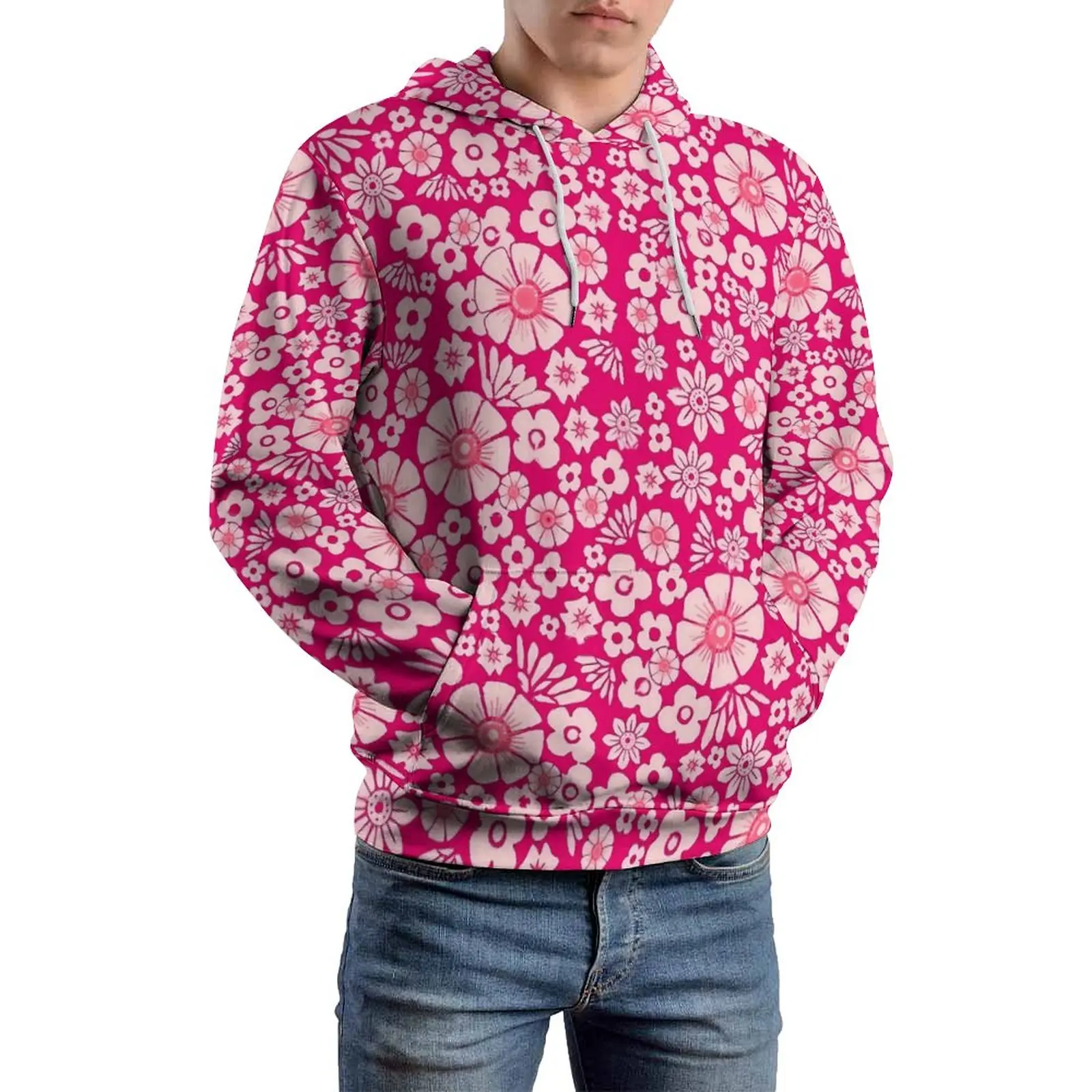 Ditsy Floral Casual Hoodies Pink Flowers Print Street Wear Hoodie Men Long Sleeve Kawaii Printed Tops 4XL 5XL 6XL