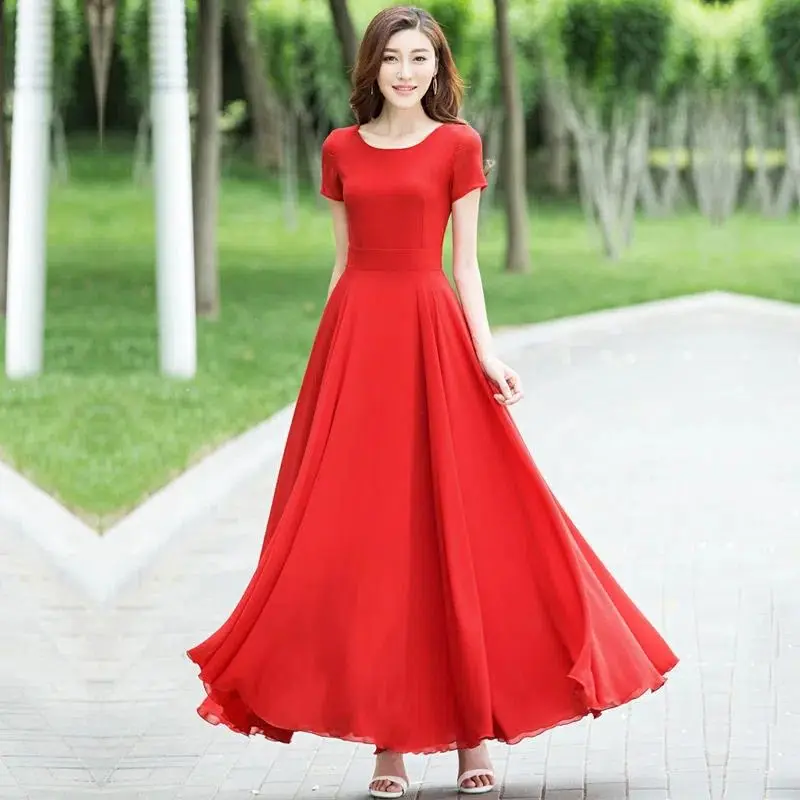 فستان نسائي قصير الأكمام برقبة دائرية من الشيفون ، ملابس السيدات ، فساتين طباعة أنيقة ، مقاس كبير ، موضة العطلة ، الصيف ، الجديد