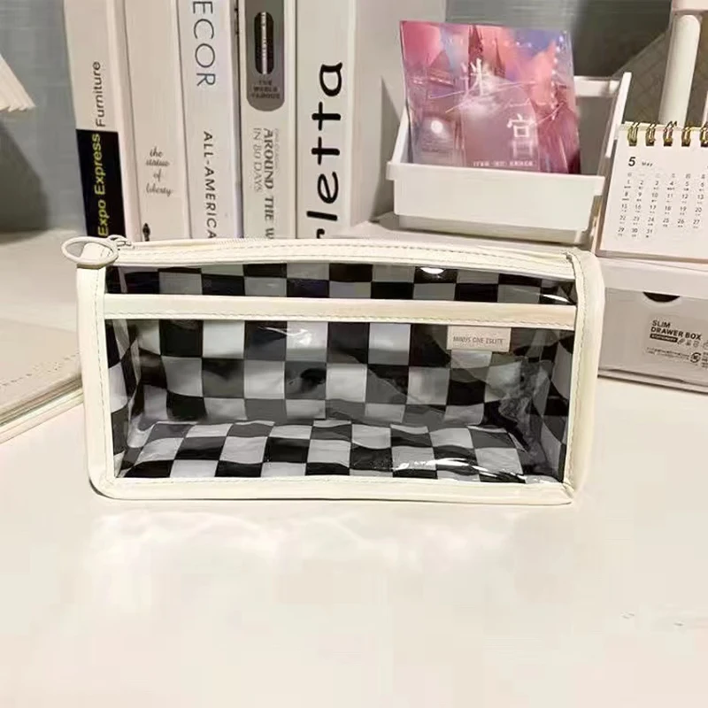 CHEN LIN INS Style Transparent Checkerboard Pattern Pencil Case Portable Waterproof Large Capacity Pencil Bag Student Stationery