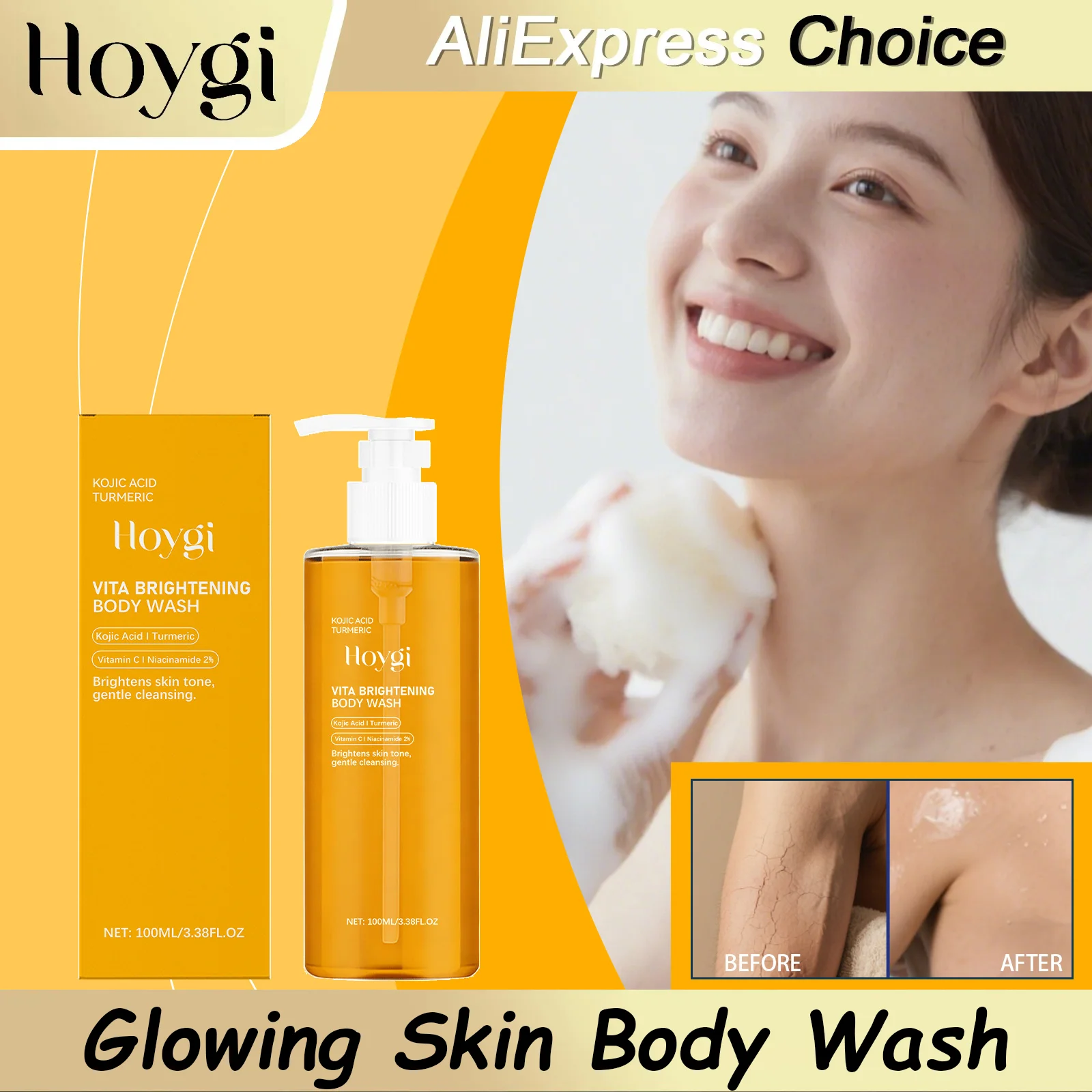 

HOYGI Увлажняющий гель для душа с куркумой для гладкой кожи, нежная пена, очищающее средство для тела с никотинамидом, отбеливающее и осветляющее, 100 мл
