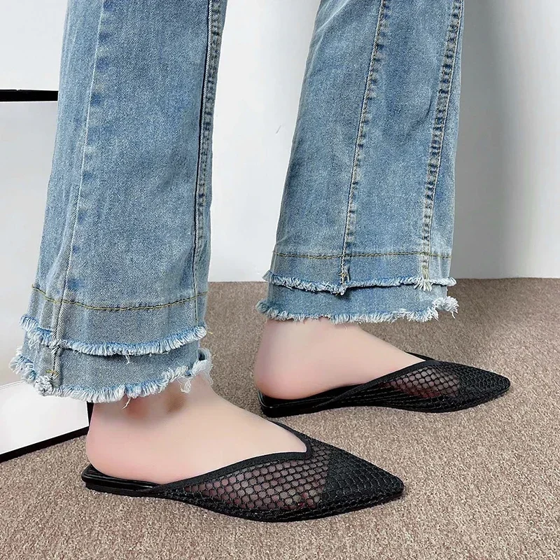 2024 Shoes Female Mesh Closed Toe Women's Slippers Concise Dress Slippers Women Pointed Toe Flat with Soft Bottom Shoes Women