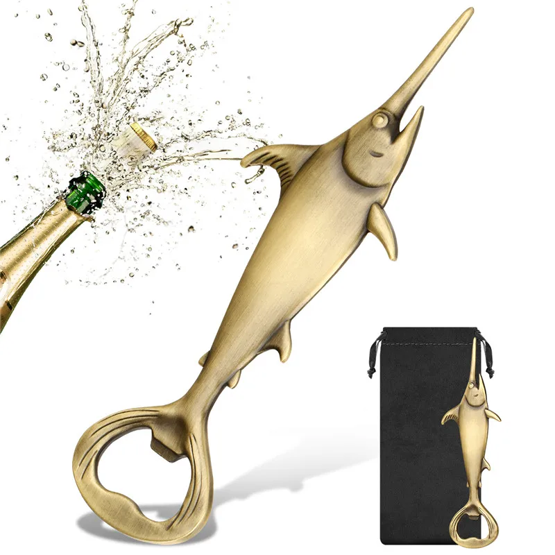 Portable Metal Beer Opener Fish Swordfish Shape Bottle Opener Kitchen Bar Accessory Wedding Party Present Set with Bag
