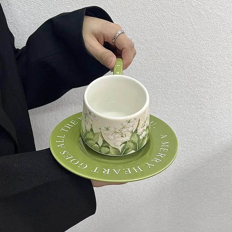 

Vintage oil painting lily of the valley coffee cup and plate set light luxury ceramic cup niche latte cup afternoon tea cup