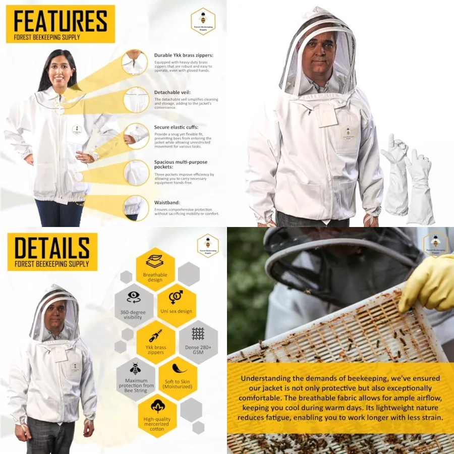 

Beekeeping Jacket with Fencing Veil and Gloves, Cotton Bee Jacket for Men and Women, Heavy-Duty Brass Zippers 2