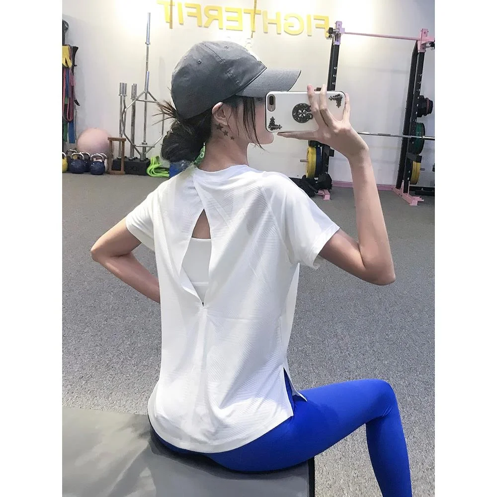 

Women's Thin Qui Dry ort Sve Fitn Clothes Sexy Ba Hollow out Running Yoga T-irt Comfortable Breathable Summer S...