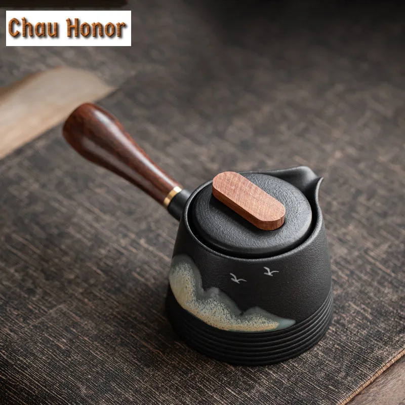 Japanese Balck Coarse Ceramic Teapot Hand Painted Distant Hill Single Pot Tea Maker Teapot Household Kung Fu TeaSet Tea Ceremony