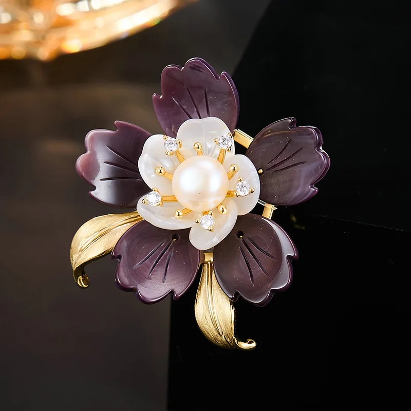 New Retro Chinese Style Ebony Flower Natural Mother of Pearl Brooch Light Luxury Design Jewelry Women's Coat Accessory Pins
