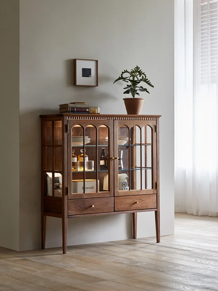 Solid Wood Glass Wine Cabinet Vintage Display Cabinet Guest Restaurant Side Cabinet Storage Cabinet with Lights