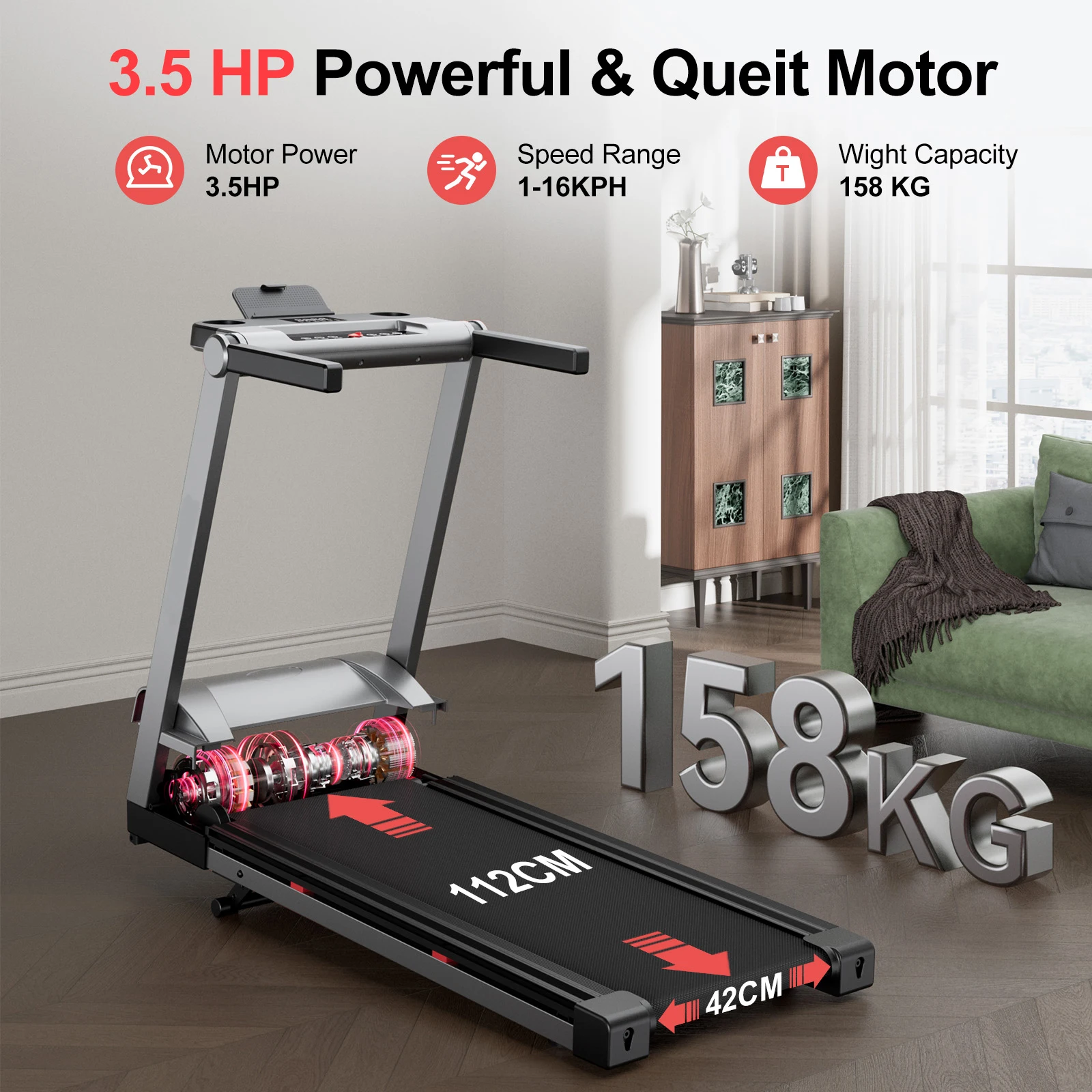 Foldable Treadmill 350lbs Adjustable 6% Incline Walkingpad for Home/Office LCD APP Data Treadmills 10MPH Exercise Machine