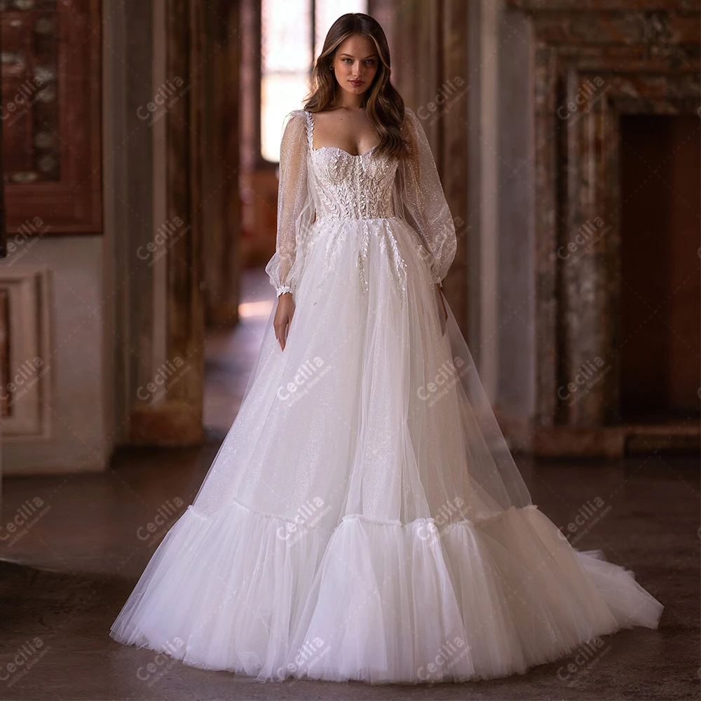 Exquisite Wedding Dresses A-Line Tulle Tiered Bridal Gowns Lace Appliques Long Puff Sleeves Robes Pretty Vestidos De Novia 2024