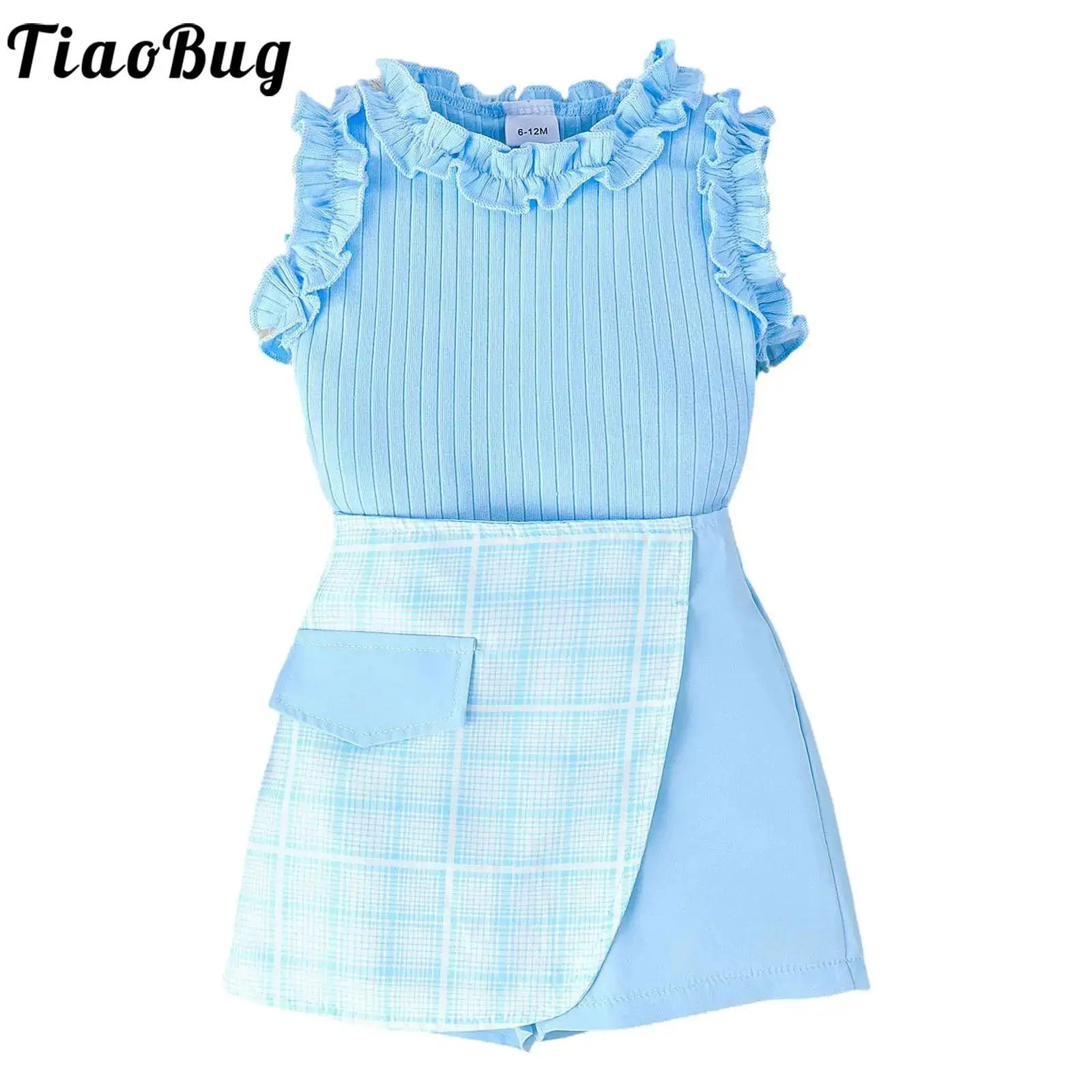 

Toddler Baby Girls Summer Clothes Rib Knit Ruffled Tank Tops Vest with Gingham Shorts Set Infant Birthday Party Casual Outfits