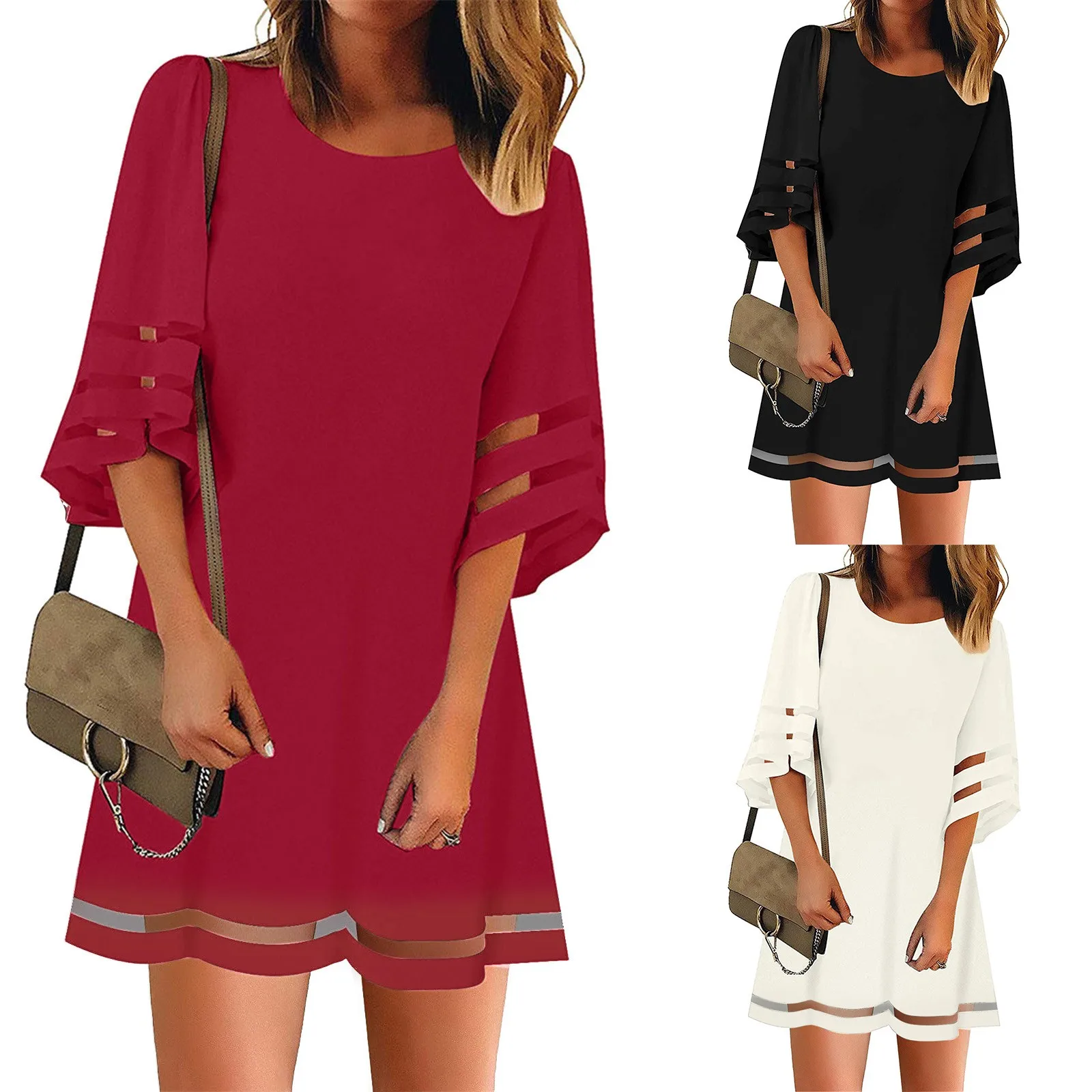 Women A-line Mesh Bell Loose Dress 3/4 Tunic Casual Sleeve Crewneck Patchwork Women\'s Summer Wrap Dresses