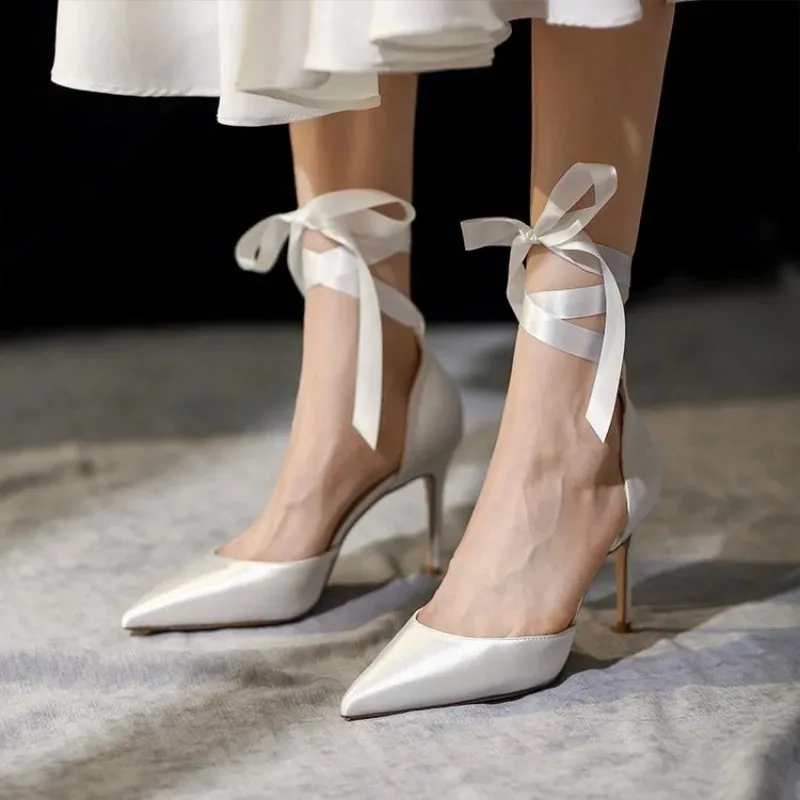 High Heels Women's Summer New Elegant Goddess Style Crossed Strap Pointed Toe Roman Sandals Thin Heel Silk Surface