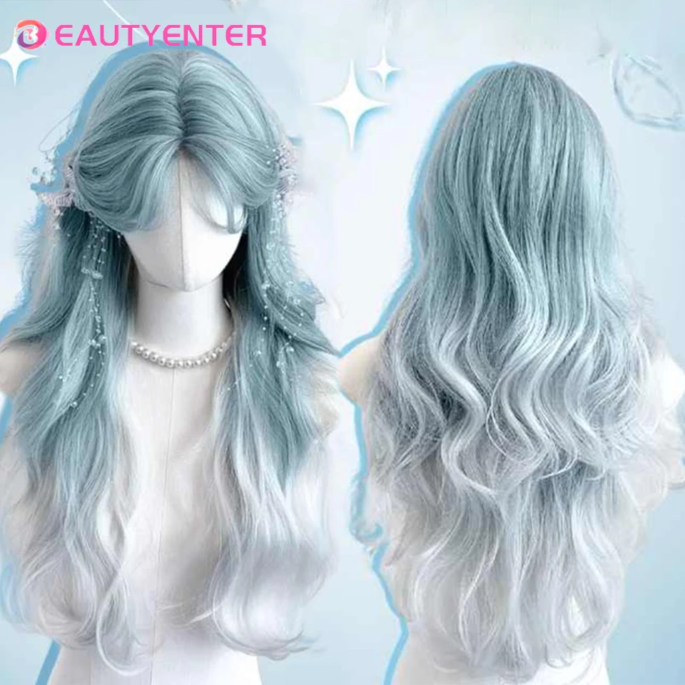 

Synthetic Women Lolita Wavy Curly Ombre Blue Mint Color Long Curly Hair Wigs With Bangs Cosplay Hair LM Wig For Daily Party