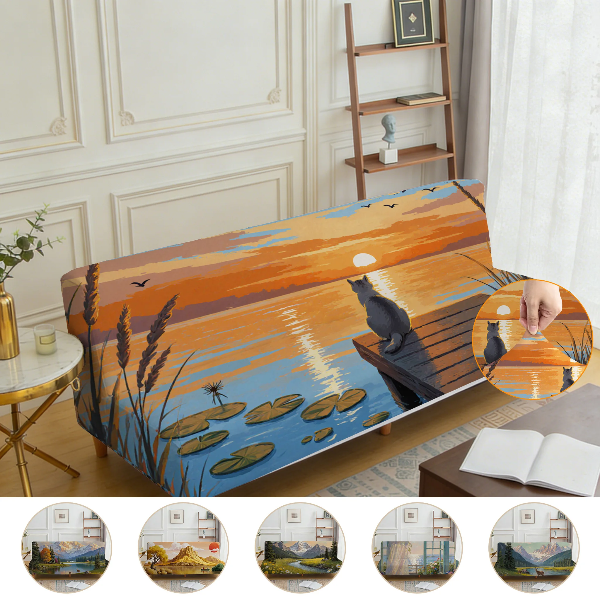 Armrest-free stretch-printed sofa bed cover, natural scenery pattern, dustproof machine-washable sofa bed cover
