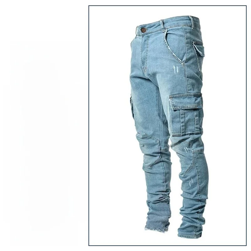 

Men's Slim Fit Cargo Pants High Waist Cotton Denim Workwear Trousers Elastic Ankle Multi-ket Trendy Teenage Sportswear