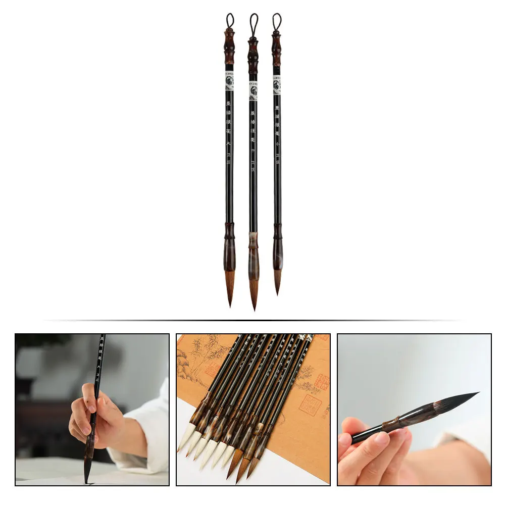 

3Pcs Chinese Calligraphy Brush Pens Comfortable Size Wooden Handle for Writing Couplets Painting Drawing Brushes