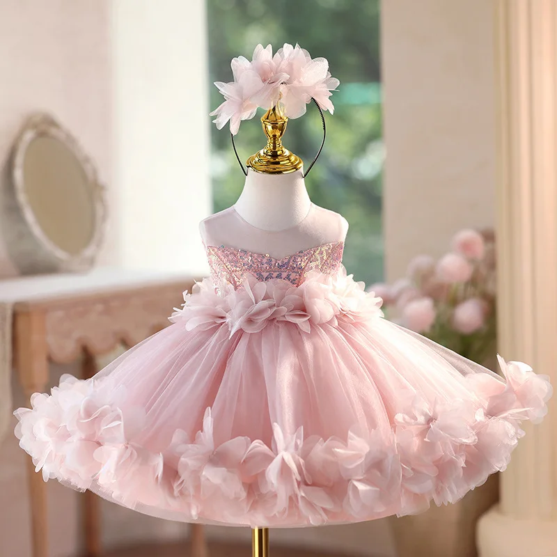 2026 Pink Floral Kids Girls Party Dress Children Piano Performance Host Princess Gown Birthday Wedding Flower Girl Tutu Costume
